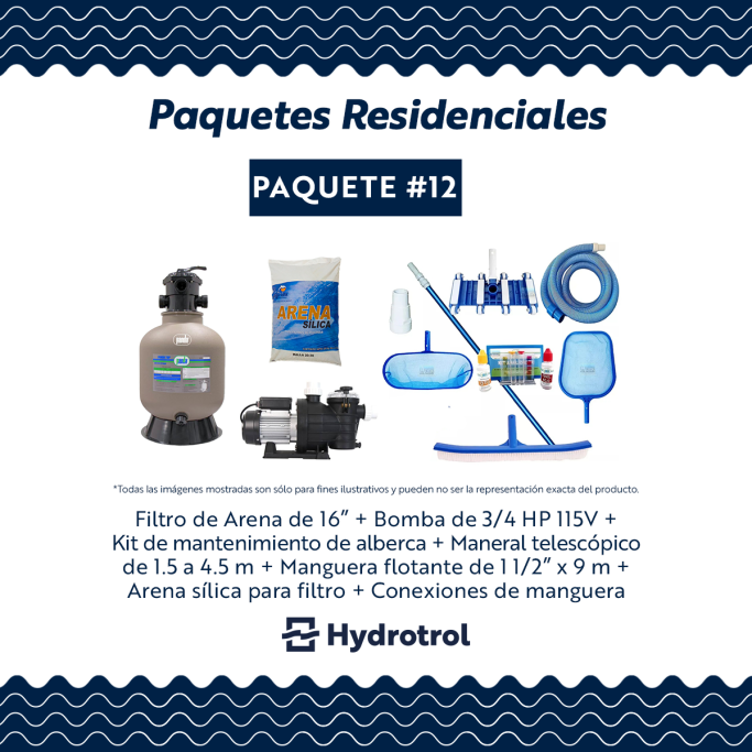 Filtro de arena de 16", bomba, kit de mantenimiento y accesorios para alberca de la marca Hydrotrol.