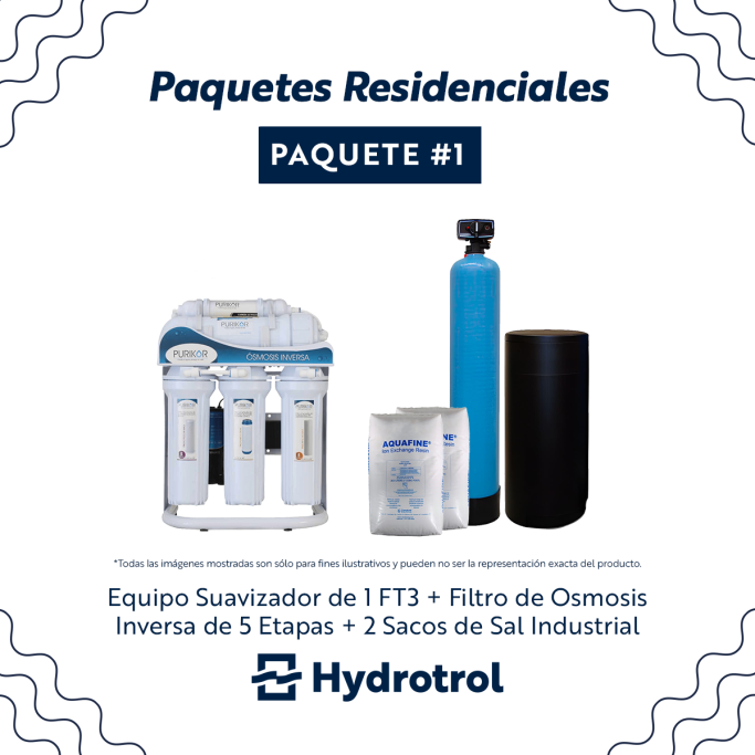 Equipo suavizador de agua de 1 ft³ y filtro de ósmosis inversa de 5 etapas de Hydrotrol, con dos sacos de sal industrial.