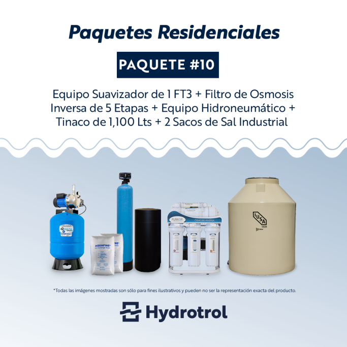 Sistema Hydrotrol con suavizador, ósmosis inversa, equipo hidroneumático, tinaco de 1100L y sal.