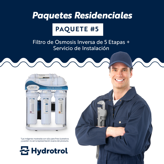 Filtro de ósmosis inversa residencial de 5 etapas de Hydrotrol, incluye servicio de instalación profesional.
