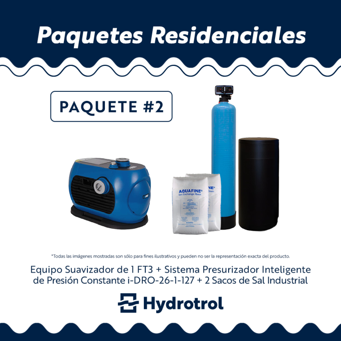 Equipo suavizador de 1 ft³ y sistema presurizador inteligente I-DRO-26-1-127 de Hydrotrol, con dos sacos de sal industrial.