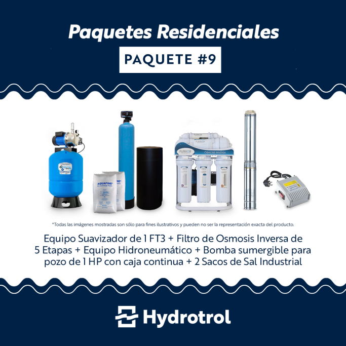 Sistema Hydrotrol para pozos: suavizador, ósmosis inversa, hidroneumático, bomba sumergible de 1HP y sal.