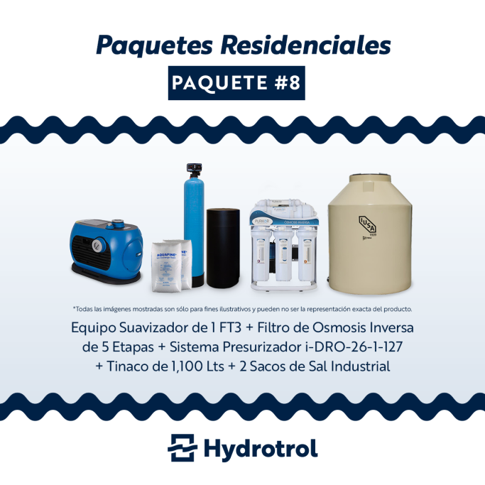 Sistema Hydrotrol con suavizador, ósmosis inversa, presurizador, tinaco de 1100L y sal industrial.