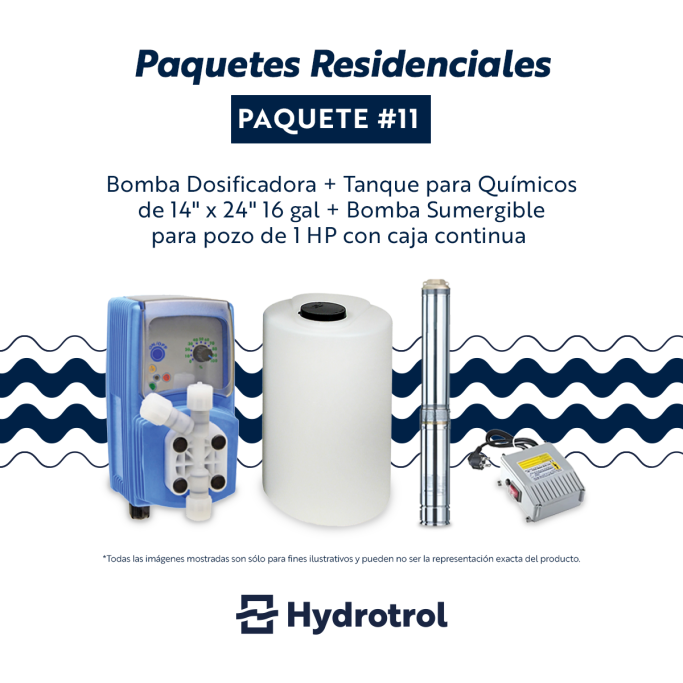 Sistema de dosificación química Hydrotrol con bomba dosificadora, tanque y bomba sumergible para pozo de 1HP.